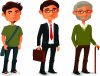 Illustration of three men at different stages of life. The first is a young man in a green shirt and jeans with a satchel. The second is a middle-aged man in a suit holding a briefcase. The third is an elderly man with glasses, wearing a green sweater and using a cane.