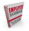 Spiral-bound book titled "EMPLOYEE HANDBOOK" with a red and white cover. The subtitle reads "The rules & policies you need to know" in black text. The book is standing upright, angled slightly to the right.