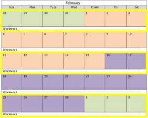 A February calendar with weeks highlighted in different colors: green for the first and fifth weeks, orange for the second week, yellow for the third week, and purple for the fourth week. Weekdays are labeled "Workweek," with an encompassing arrow.