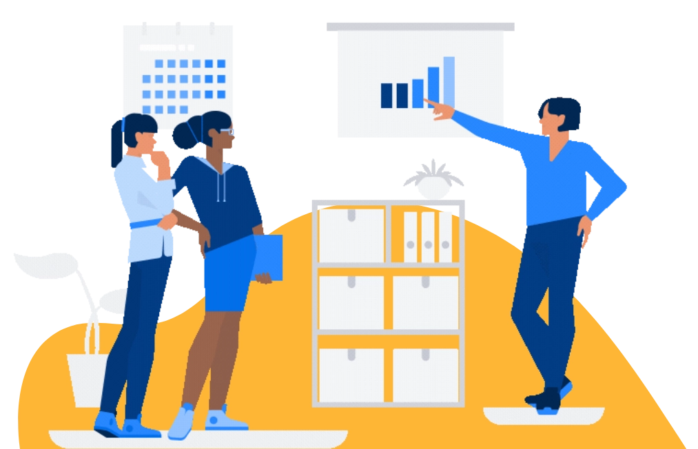 Illustration of three people in a meeting room. One person points at a bar chart on a screen, while the other two listen attentively. A calendar hangs on the wall, and a cabinet with drawers is in the background.