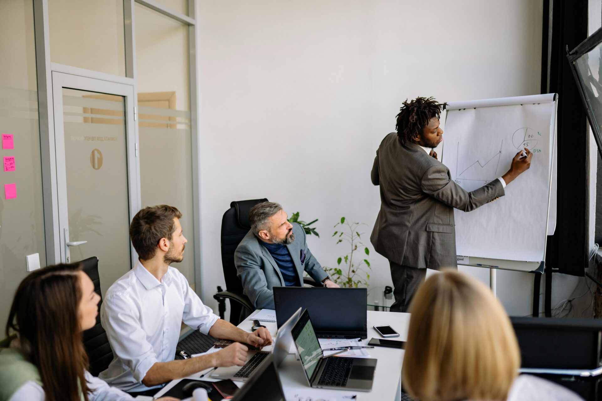 Four people sit at a conference table with laptops, attentively watching a man in a suit drawing a chart with an upward arrow on a flipchart in a bright office meeting room.
