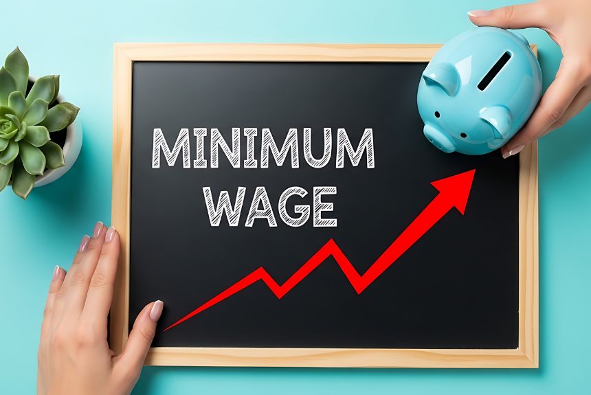 A chalkboard with “MINIMUM WAGE” written on it, a red upward arrow, a piggy bank, and a small potted plant, symbolizing an increase in minimum wage.